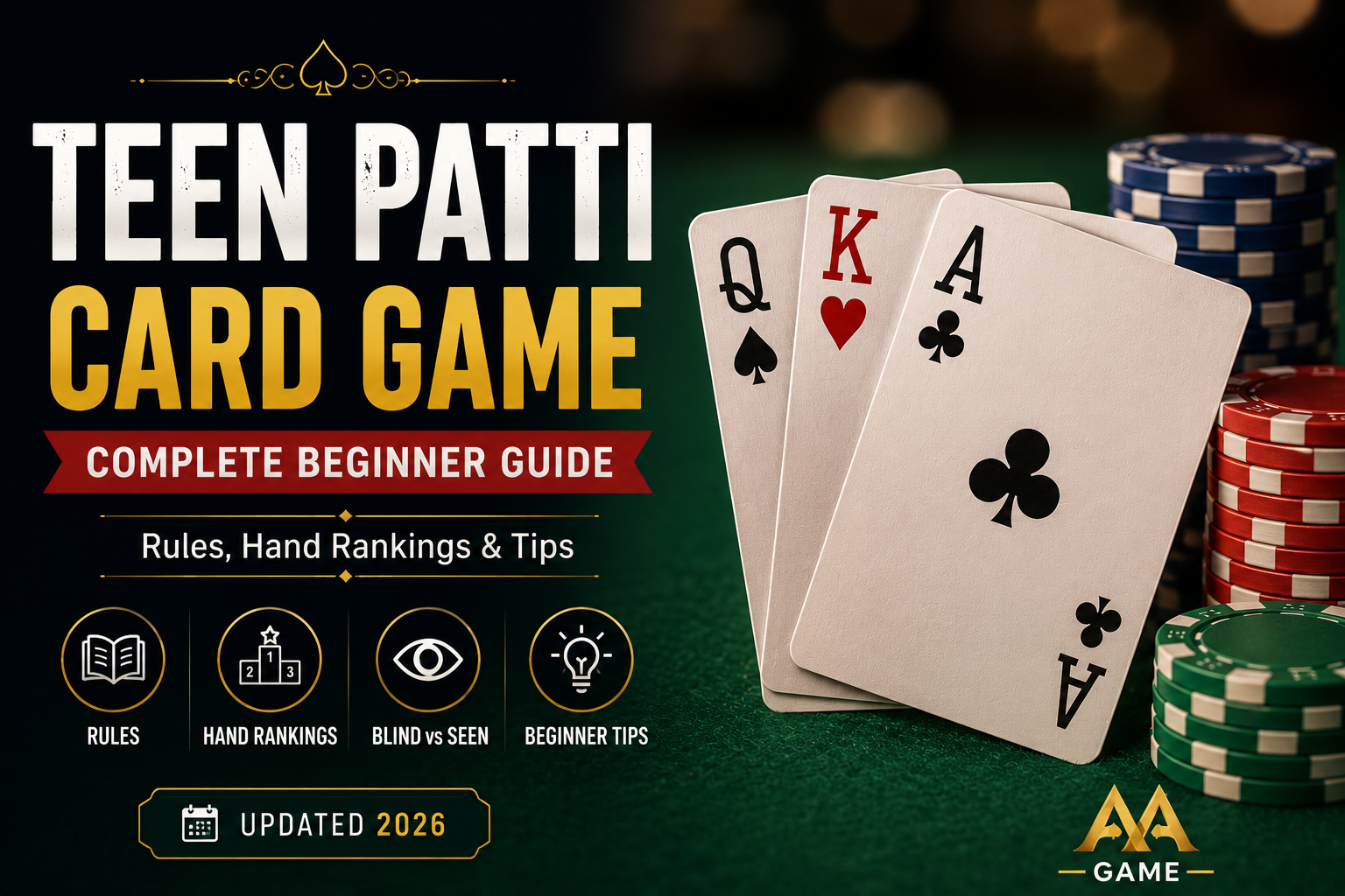 Teen Patti card game beginner guide featuring playing cards, hand rankings, rules, and gameplay tips