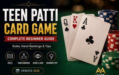 Teen Patti card game beginner guide featuring playing cards, hand rankings, rules, and gameplay tips